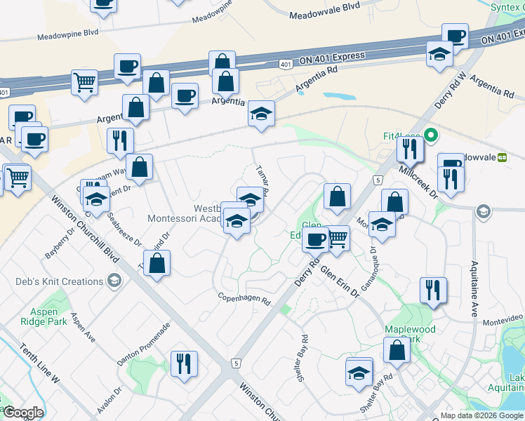 map of restaurants, bars, coffee shops, grocery stores, and more near 7205 Copenhagen Road in Mississauga
