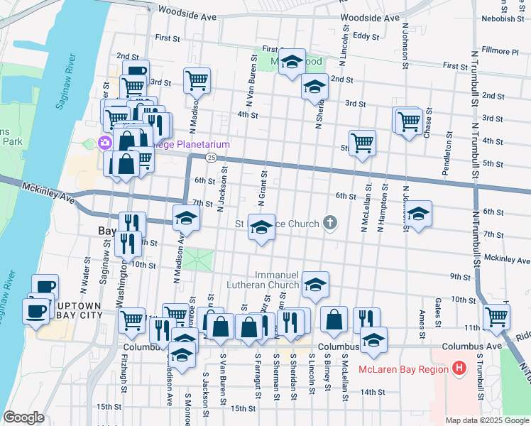 map of restaurants, bars, coffee shops, grocery stores, and more near 1001 Mckinley Street in Bay City