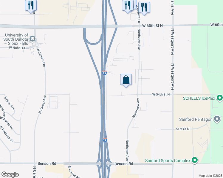 map of restaurants, bars, coffee shops, grocery stores, and more near 4400 North Louise Avenue in Sioux Falls