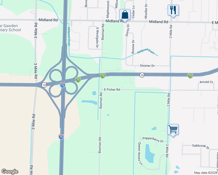 map of restaurants, bars, coffee shops, grocery stores, and more near 4965 Baxman Road in Bay City