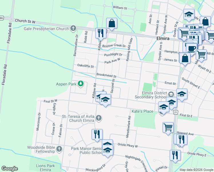 map of restaurants, bars, coffee shops, grocery stores, and more near 127 Brookmead Street in Elmira
