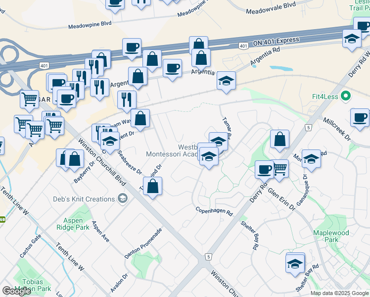 map of restaurants, bars, coffee shops, grocery stores, and more near 7251 Copenhagen Road in Mississauga