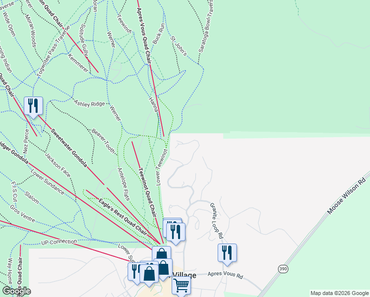 map of restaurants, bars, coffee shops, grocery stores, and more near 7970 N Granite Ridge Rd in Teton Village