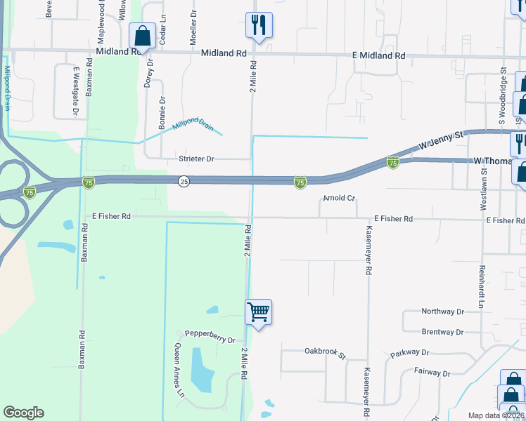 map of restaurants, bars, coffee shops, grocery stores, and more near 4971 2 Mile Road in Bay City