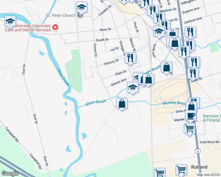 map of restaurants, bars, coffee shops, grocery stores, and more near 115 Gibson Avenue in Rutland