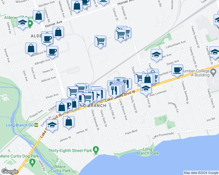 map of restaurants, bars, coffee shops, grocery stores, and more near 3620 Lake Shore Boulevard West in Toronto