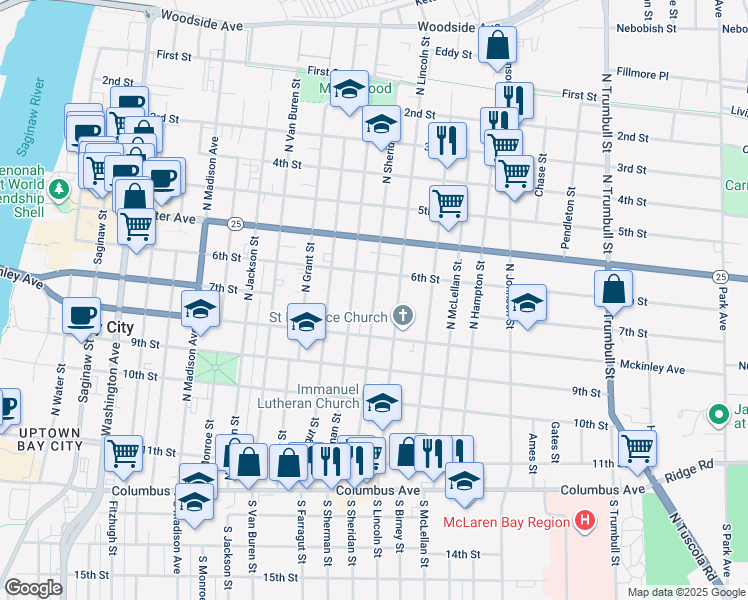 map of restaurants, bars, coffee shops, grocery stores, and more near 1304 6th Street in Bay City