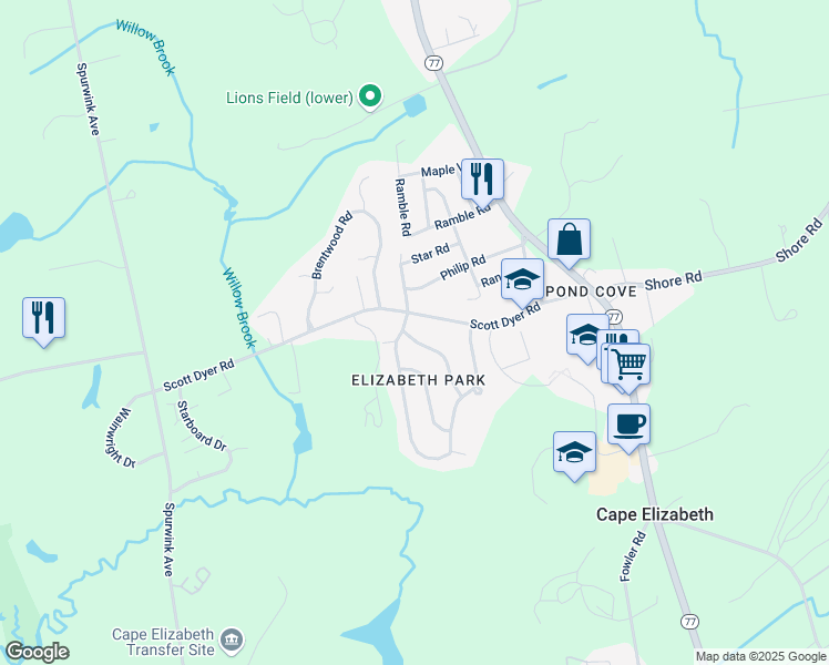 map of restaurants, bars, coffee shops, grocery stores, and more near 2 Dearborn Drive in Cape Elizabeth
