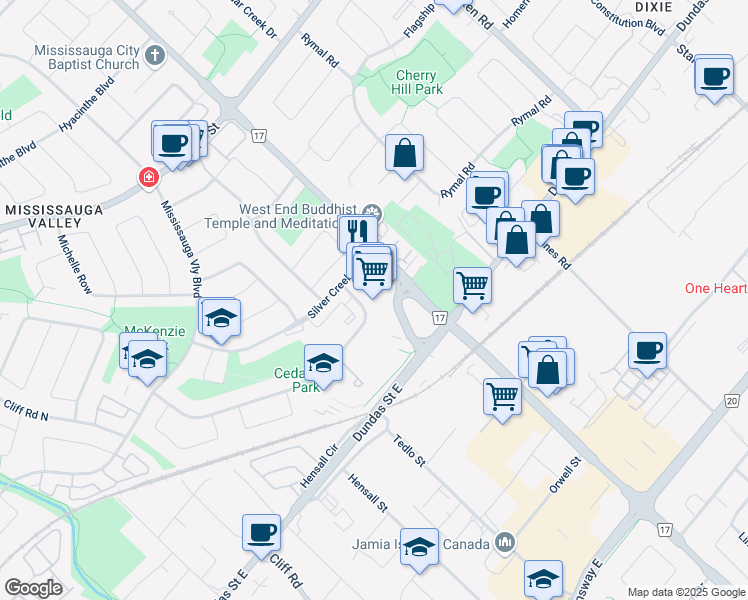 map of restaurants, bars, coffee shops, grocery stores, and more near 3100 Cawthra Road in Mississauga