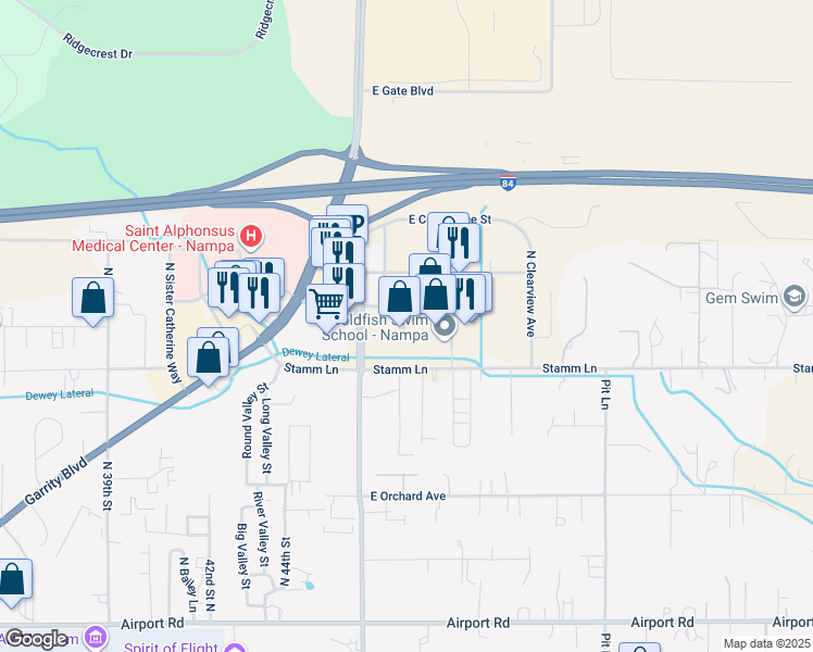 map of restaurants, bars, coffee shops, grocery stores, and more near 1200 North Happy Valley Road in Nampa
