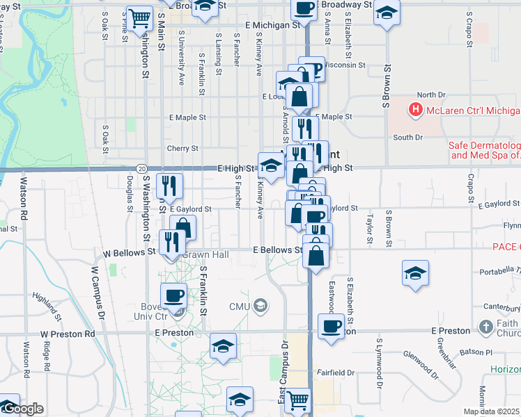 map of restaurants, bars, coffee shops, grocery stores, and more near 998 South Kinney Avenue in Mount Pleasant