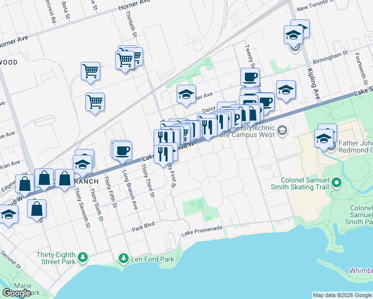 map of restaurants, bars, coffee shops, grocery stores, and more near 3411 Lake Shore Boulevard West in Toronto