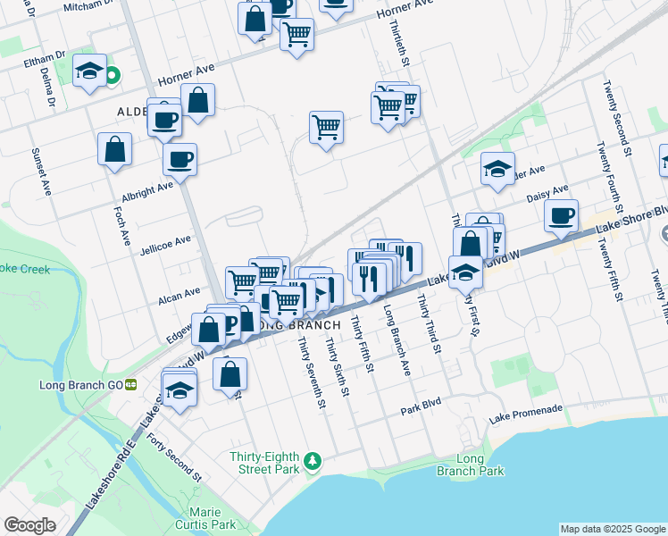 map of restaurants, bars, coffee shops, grocery stores, and more near 3620 Lake Shore Boulevard West in Toronto