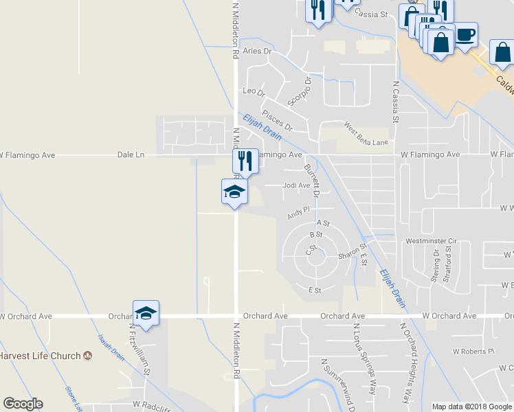 map of restaurants, bars, coffee shops, grocery stores, and more near 1210 N Middleton Rd in Nampa