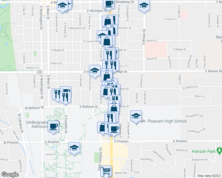 map of restaurants, bars, coffee shops, grocery stores, and more near 801 East Gaylord Street in Mount Pleasant