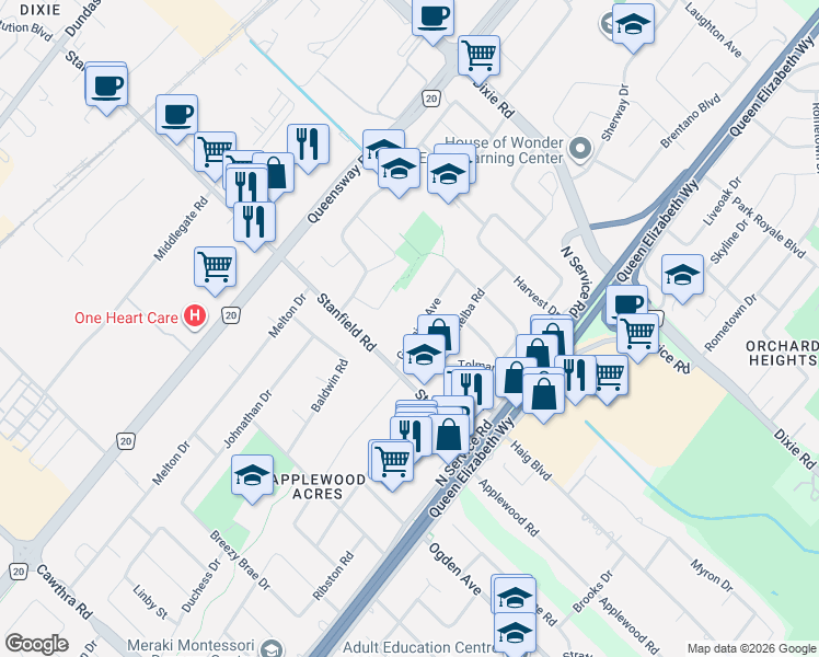 map of restaurants, bars, coffee shops, grocery stores, and more near 1181 Greening Avenue in Mississauga