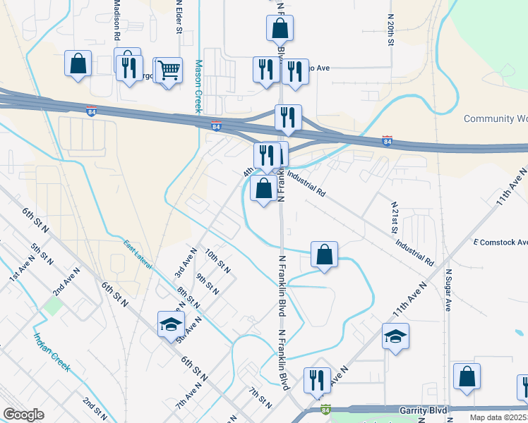 map of restaurants, bars, coffee shops, grocery stores, and more near 1201 Franklin Boulevard in Nampa