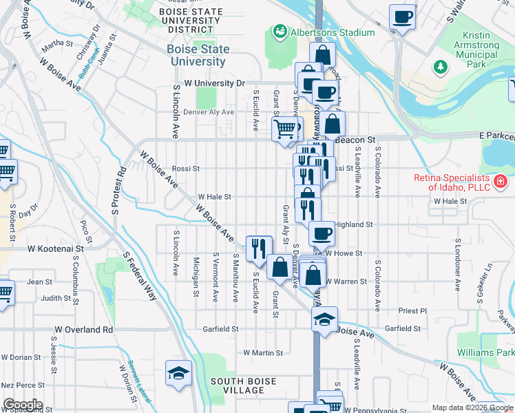 map of restaurants, bars, coffee shops, grocery stores, and more near 1319 South Euclid Avenue in Boise