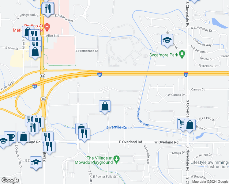 map of restaurants, bars, coffee shops, grocery stores, and more near 1005 Rolling Hills Drive in Meridian
