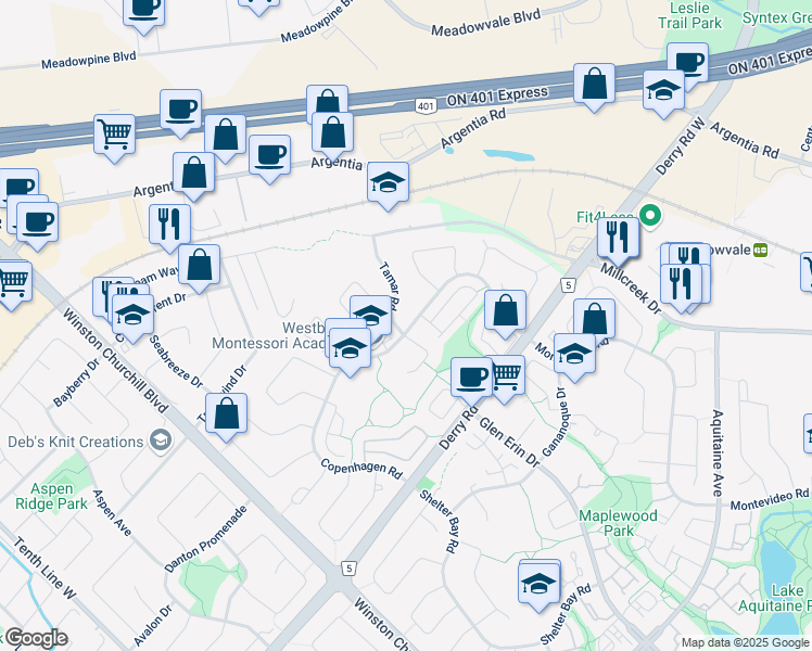 map of restaurants, bars, coffee shops, grocery stores, and more near in Mississauga