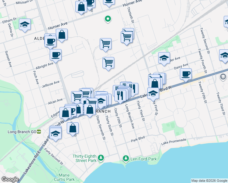 map of restaurants, bars, coffee shops, grocery stores, and more near 80 Eastwood Park Gardens in Toronto