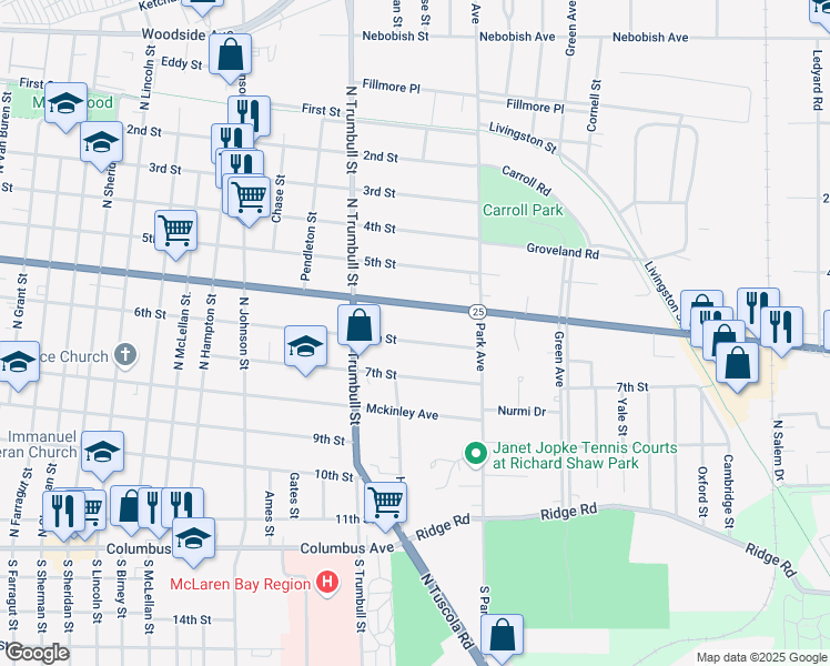 map of restaurants, bars, coffee shops, grocery stores, and more near 2130 Center Avenue in Bay City