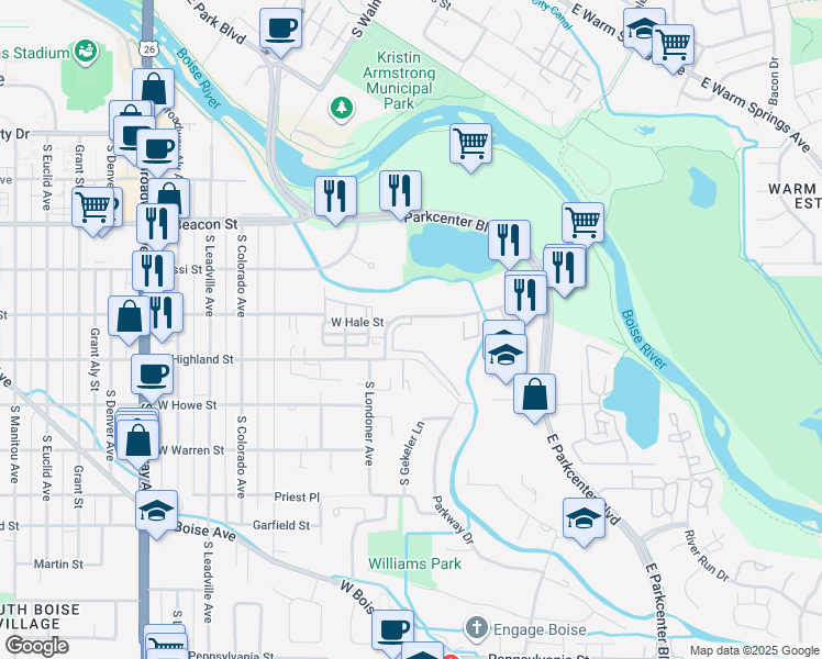 map of restaurants, bars, coffee shops, grocery stores, and more near 113 East Mallard Drive in Boise