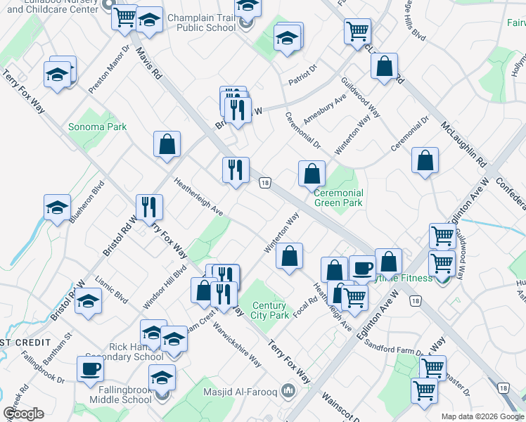 map of restaurants, bars, coffee shops, grocery stores, and more near 5235 Fairford Crescent in Mississauga
