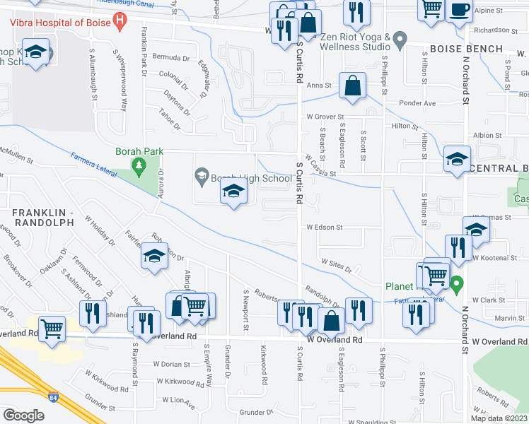 map of restaurants, bars, coffee shops, grocery stores, and more near 915 South Curtis Road in Boise
