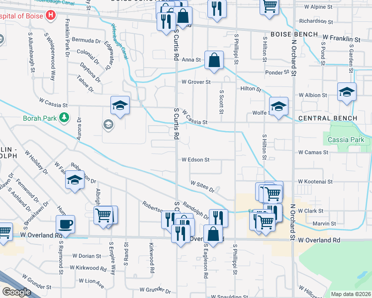 map of restaurants, bars, coffee shops, grocery stores, and more near 908 South Curtis Road in Boise