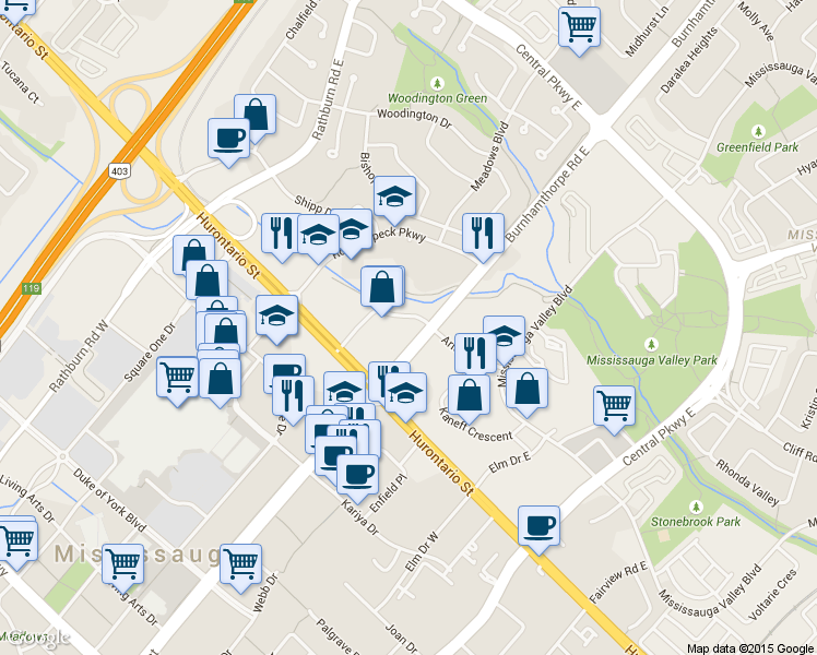 map of restaurants, bars, coffee shops, grocery stores, and more near 90 Absolute Avenue in Mississauga