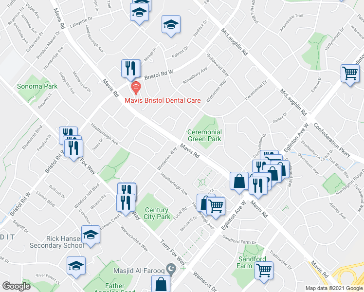 map of restaurants, bars, coffee shops, grocery stores, and more near 5050 Mavis Road in Mississauga