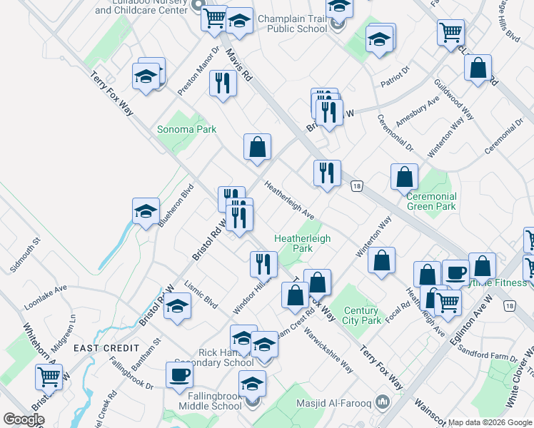 map of restaurants, bars, coffee shops, grocery stores, and more near in Mississauga