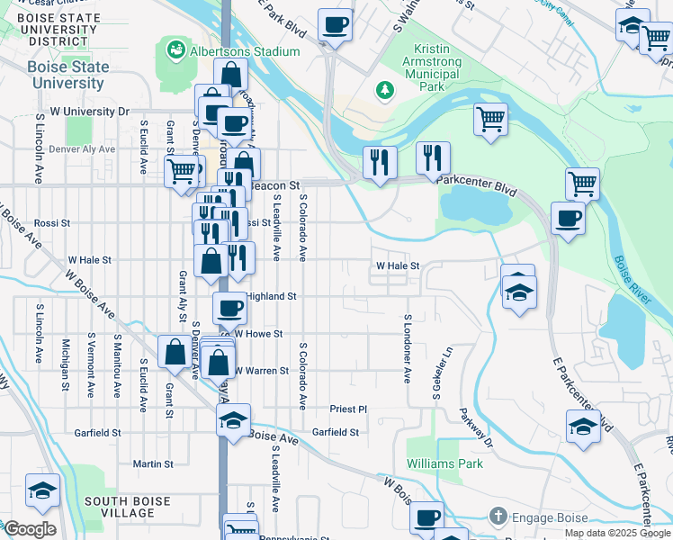 map of restaurants, bars, coffee shops, grocery stores, and more near 1398 Division Avenue in Boise