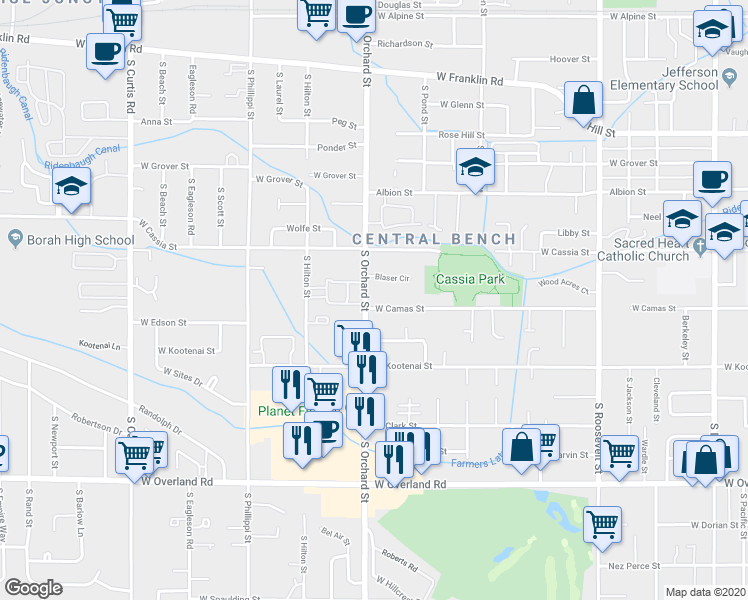 map of restaurants, bars, coffee shops, grocery stores, and more near 4875 Blaser Circle in Boise