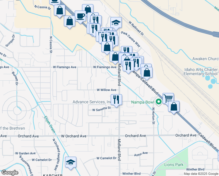 map of restaurants, bars, coffee shops, grocery stores, and more near 1401 Midland Boulevard in Nampa