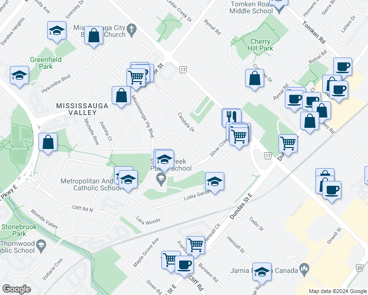 map of restaurants, bars, coffee shops, grocery stores, and more near in Mississauga