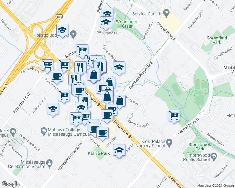 map of restaurants, bars, coffee shops, grocery stores, and more near in Mississauga