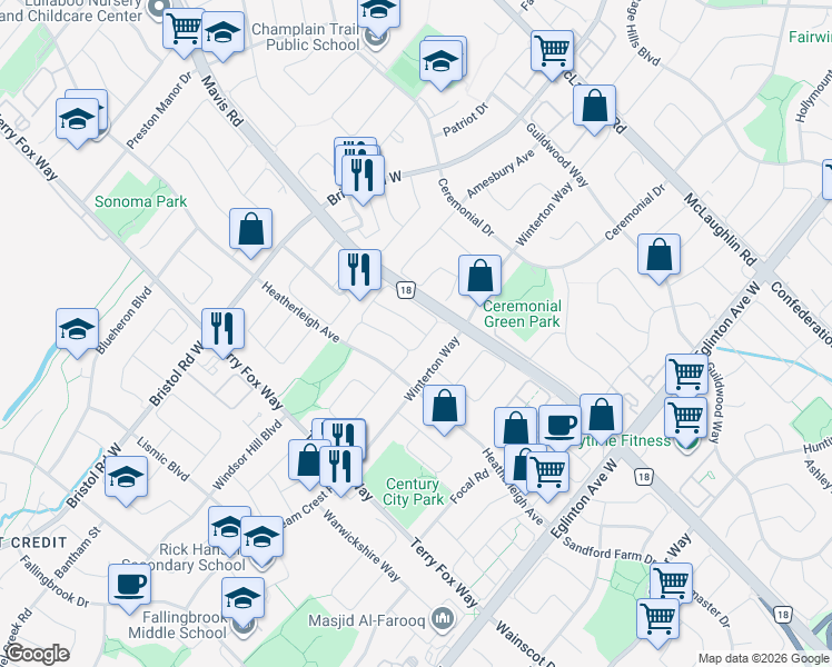 map of restaurants, bars, coffee shops, grocery stores, and more near 5235 Fairford Crescent in Mississauga