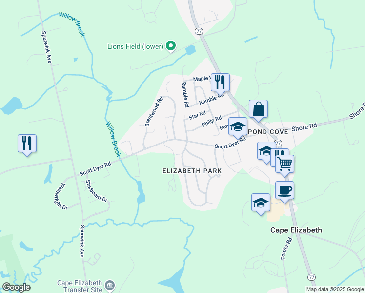 map of restaurants, bars, coffee shops, grocery stores, and more near 2 Dearborn Drive in Cape Elizabeth