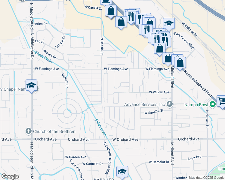 map of restaurants, bars, coffee shops, grocery stores, and more near 1304 Eldoran Drive in Nampa