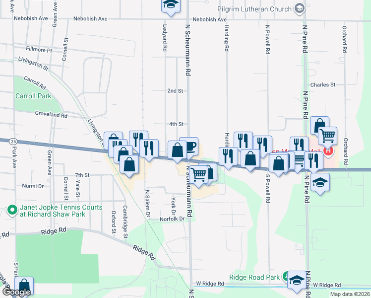 map of restaurants, bars, coffee shops, grocery stores, and more near 1034 North Schuermann Road in Essexville