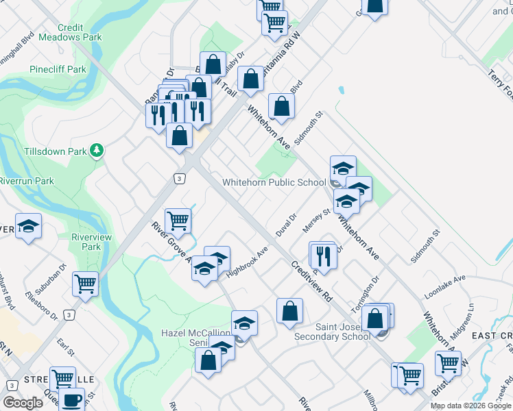 map of restaurants, bars, coffee shops, grocery stores, and more near 1321 Granrock Crescent in Mississauga