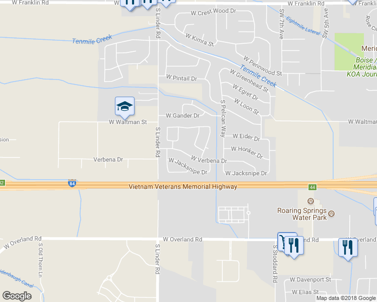 map of restaurants, bars, coffee shops, grocery stores, and more near 1410 West Verbena Drive in Meridian
