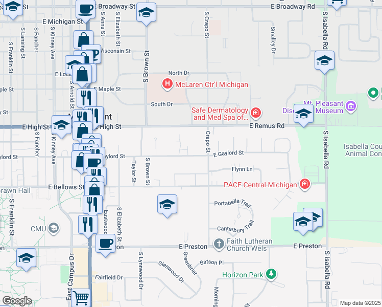 map of restaurants, bars, coffee shops, grocery stores, and more near 1409 East Gaylord Street in Mount Pleasant