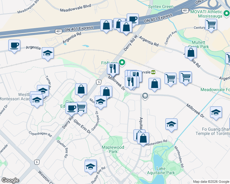 map of restaurants, bars, coffee shops, grocery stores, and more near 7007 Estoril Road in Mississauga