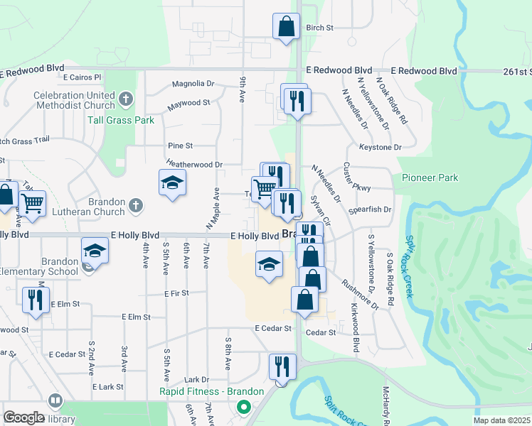 map of restaurants, bars, coffee shops, grocery stores, and more near 117 North Splitrock Boulevard in Brandon