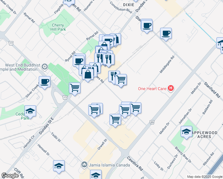 map of restaurants, bars, coffee shops, grocery stores, and more near 2495 Haines Road in Mississauga