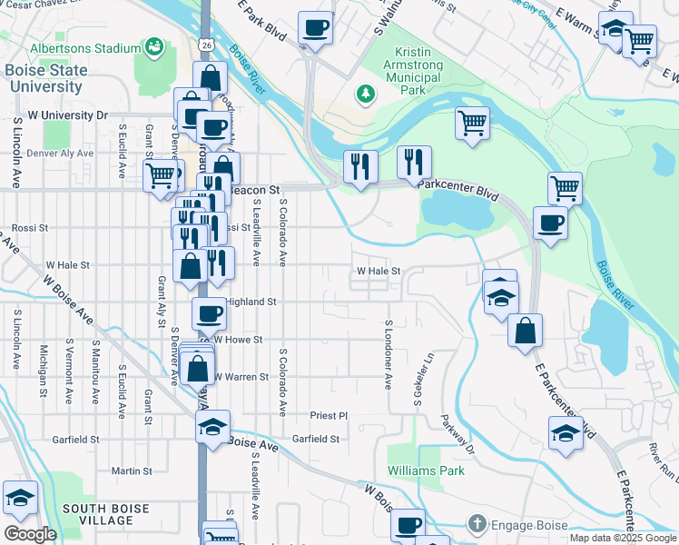 map of restaurants, bars, coffee shops, grocery stores, and more near 500 West Hale Street in Boise
