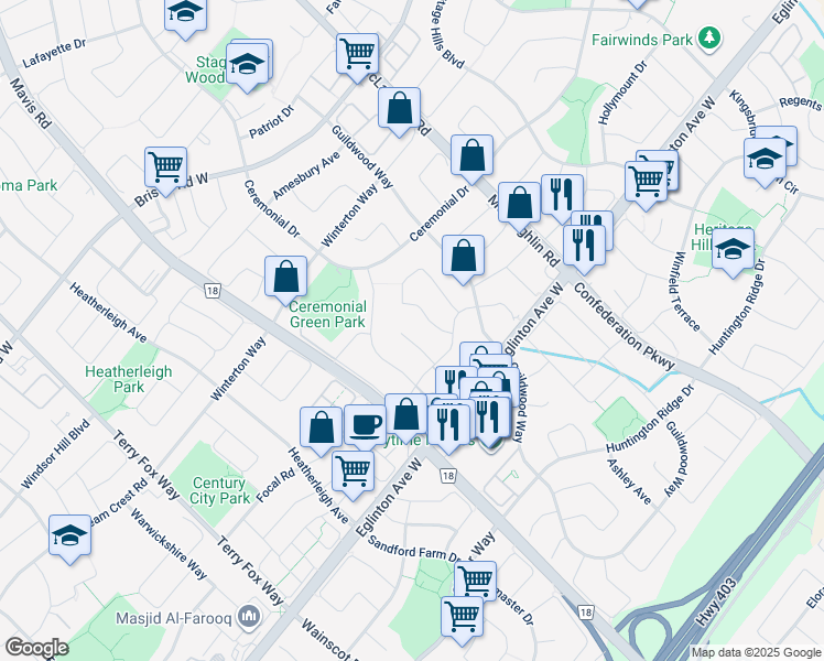 map of restaurants, bars, coffee shops, grocery stores, and more near in Mississauga